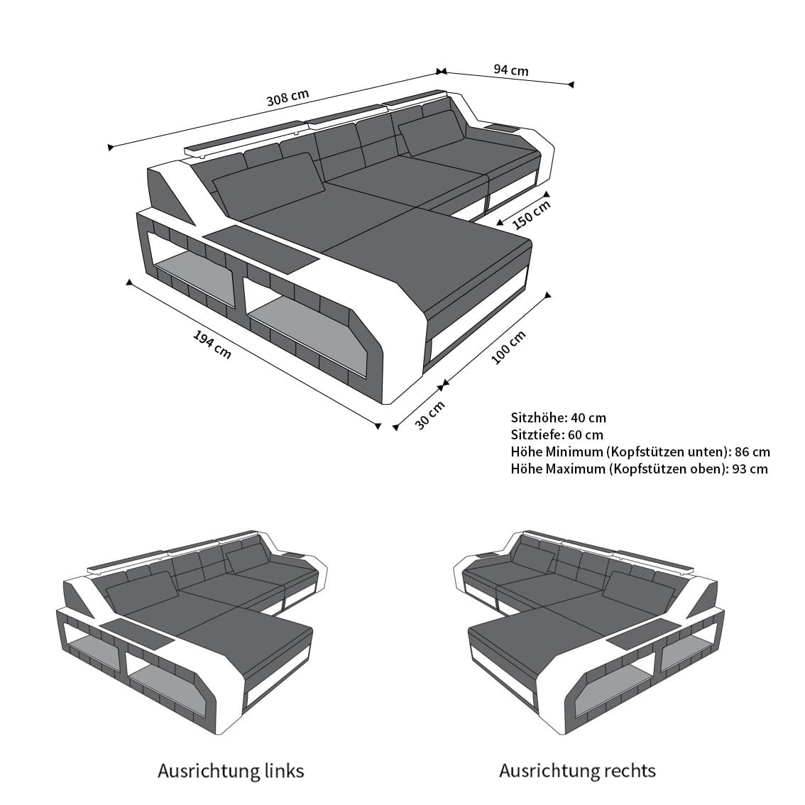 Design Ledersofa Arezzo L-Form mit LED grau-weiß