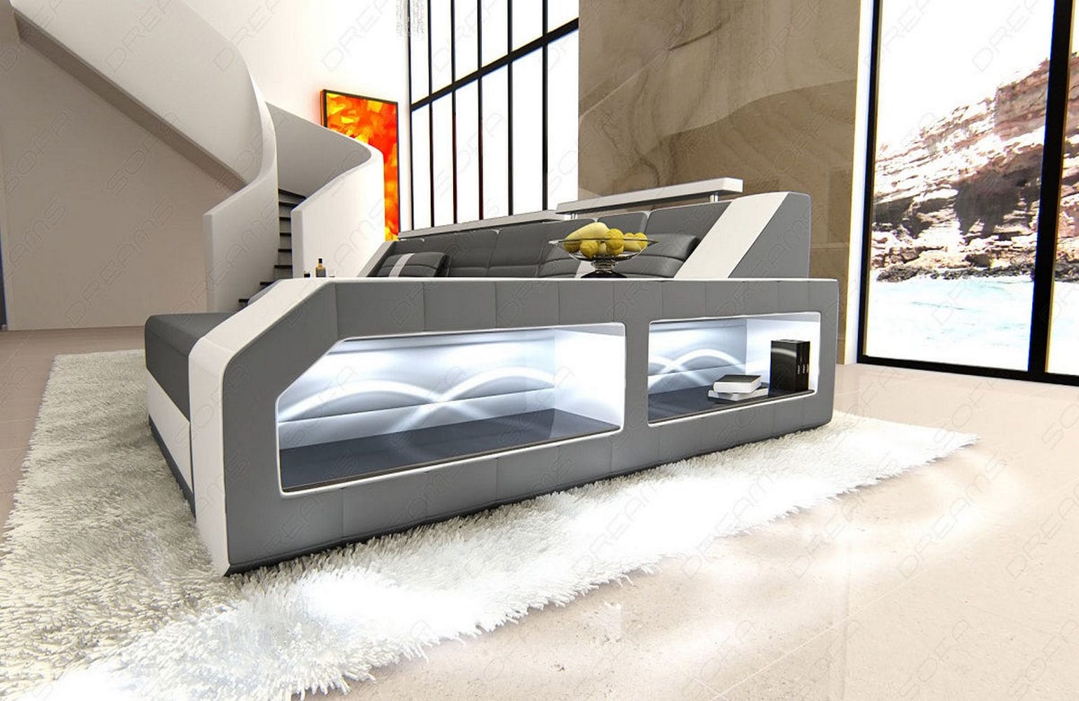 Design Ledersofa Arezzo L-Form mit LED grau-weiß