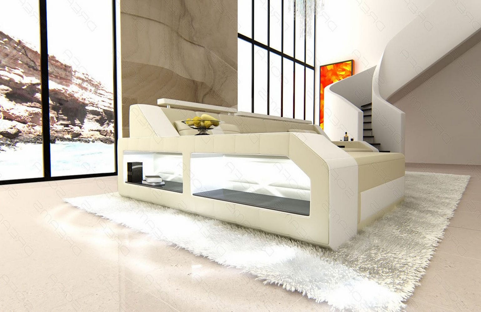 Design Ledersofa Arezzo L-Form mit LED beige-weiß