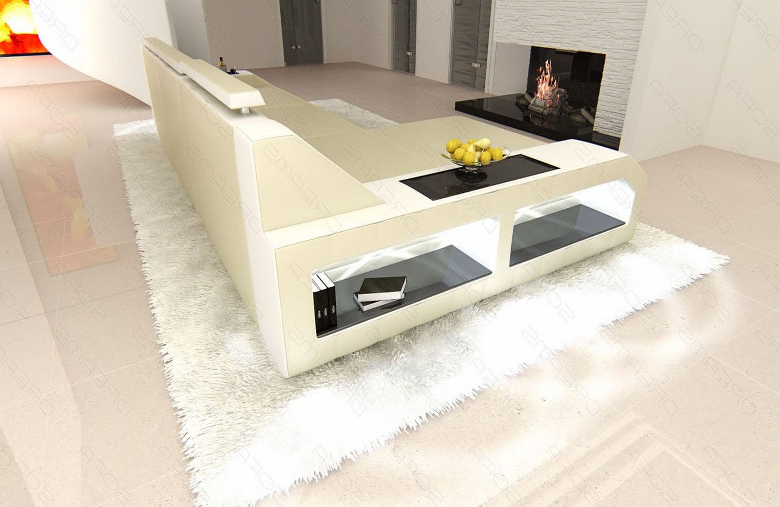 Design Ledersofa Arezzo L-Form mit LED beige-weiß