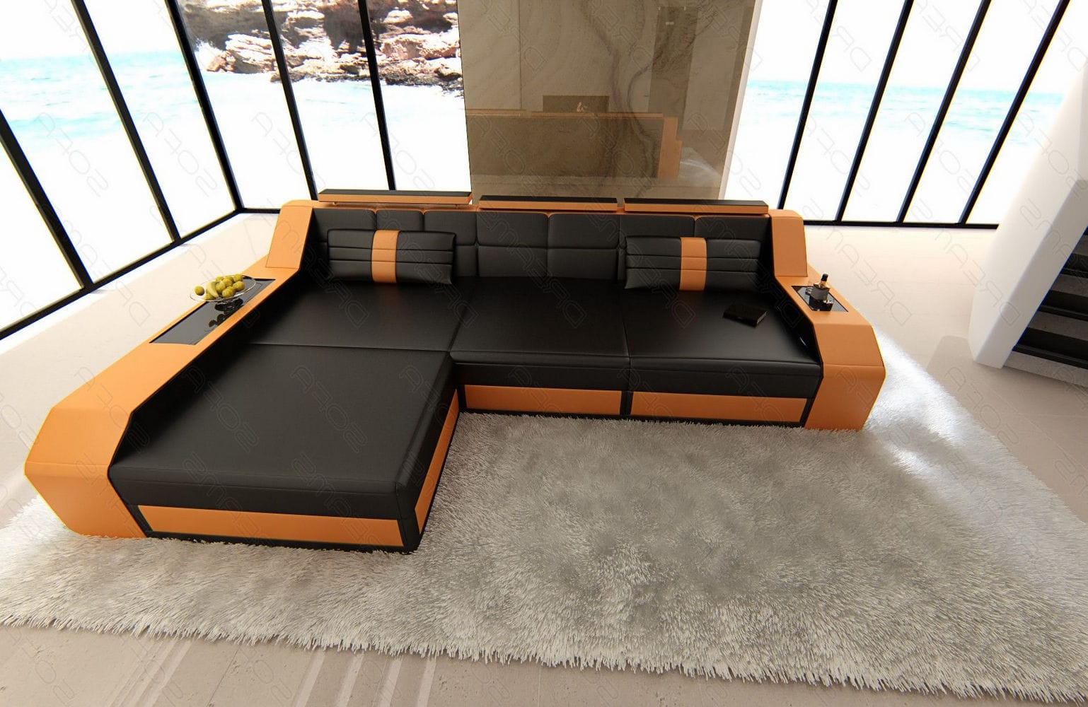 Design Ledersofa Arezzo L-Form mit LED schwarz-orange