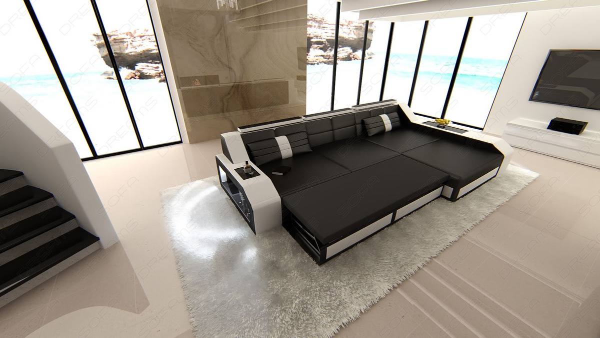 Design Ledersofa Arezzo L-Form mit LED schwarz-orange