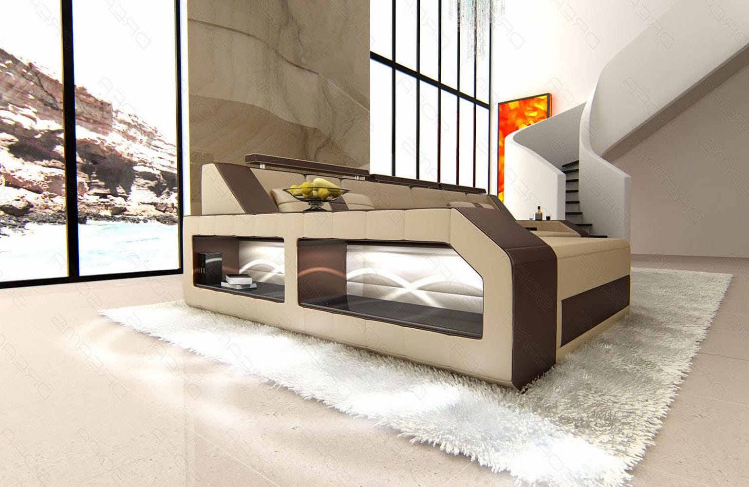 Design Ledersofa Arezzo L-Form mit LED sandbeige-dunkelbraun