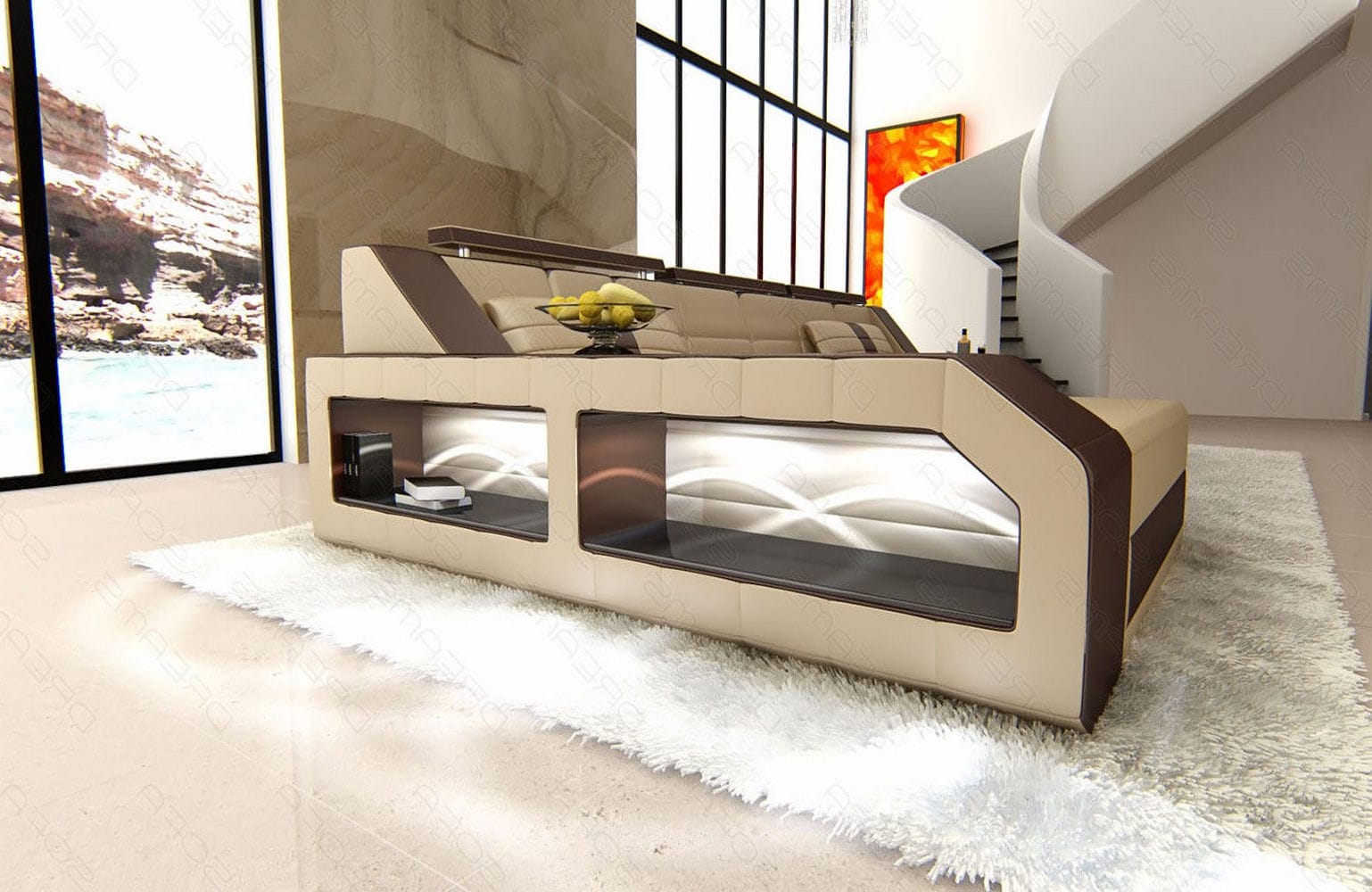 Design Ledersofa Arezzo L-Form mit LED sandbeige-dunkelbraun