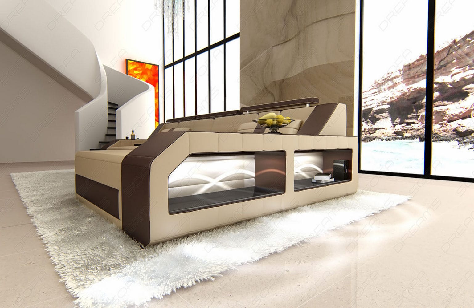 Design Ledersofa Arezzo L-Form mit LED sandbeige-dunkelbraun