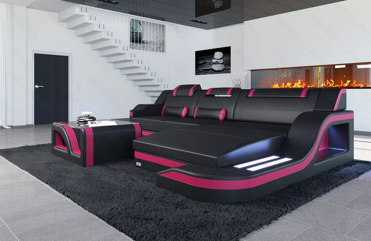 Mini Ecksofa Palermo L-Form aus Leder Schwarz-Pink