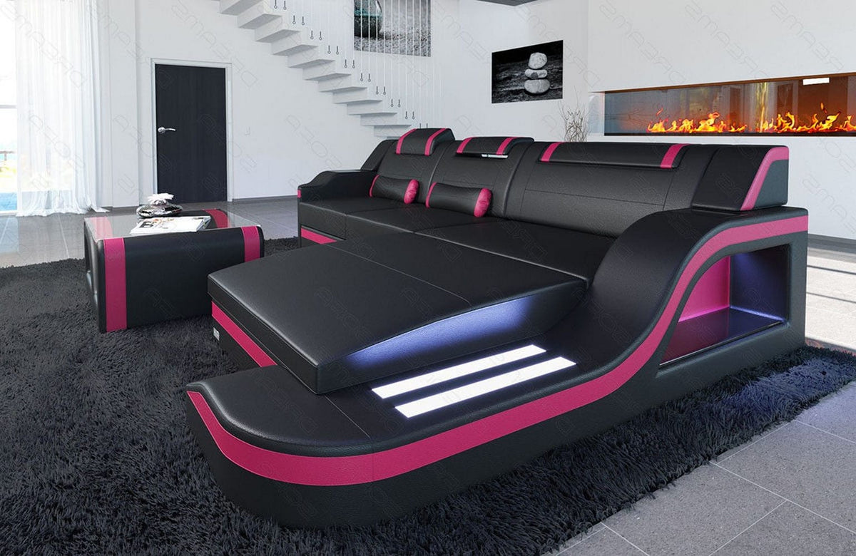 Mini Ecksofa Palermo L-Form aus Leder Schwarz-Pink