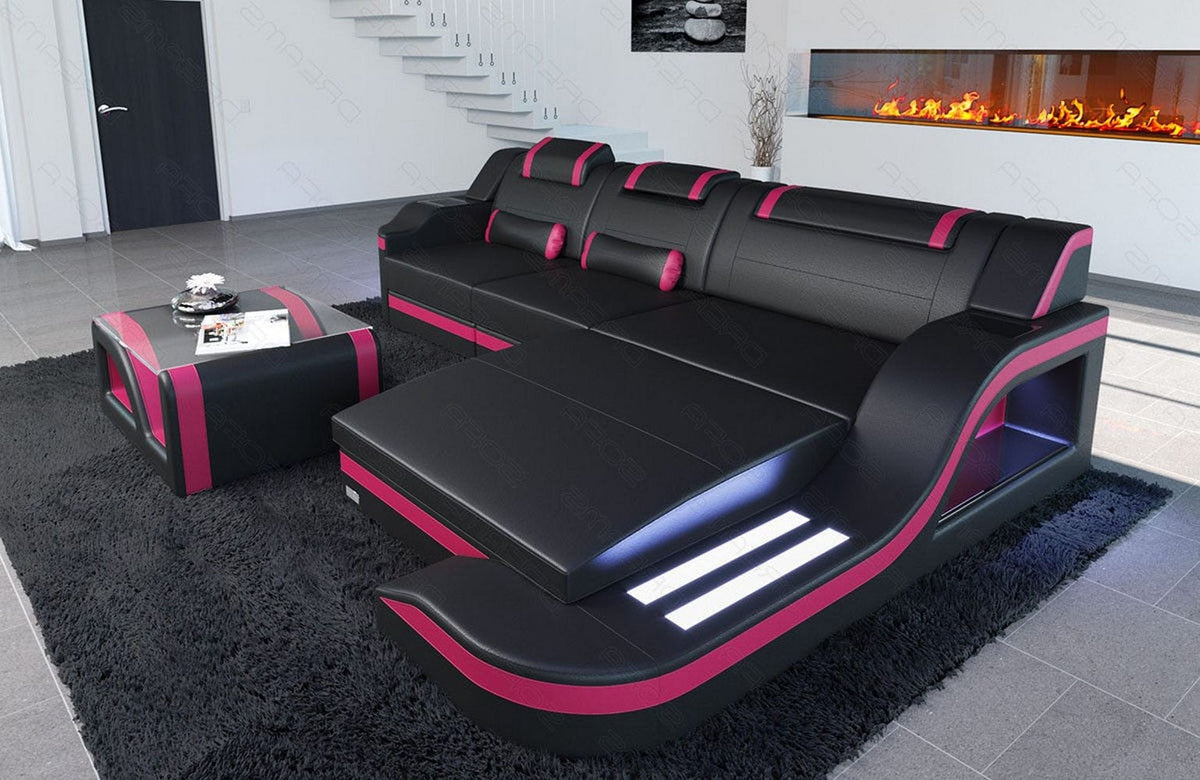Mini Ecksofa Palermo L-Form aus Leder Schwarz-Pink