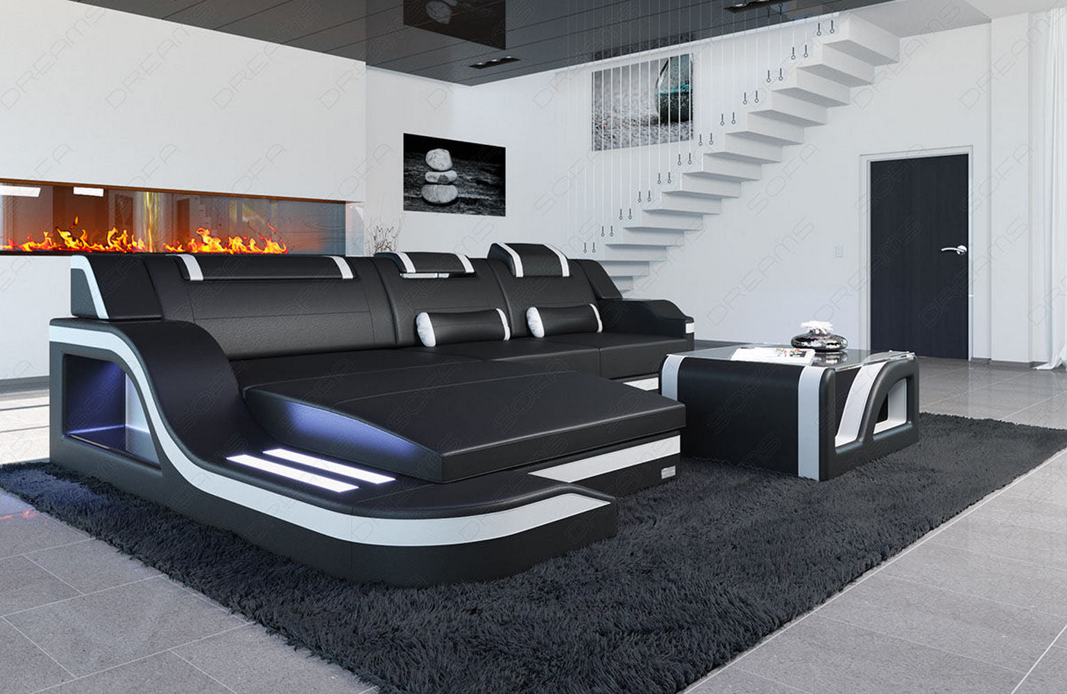 Mini Design Ledersofa Palermo L-Form mit LED Schwarz-Weiß