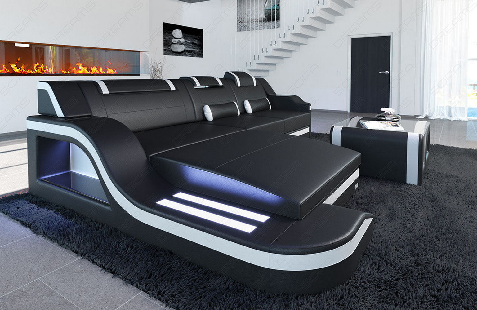 Mini Design Ledersofa Palermo L-Form mit LED Schwarz-Weiß