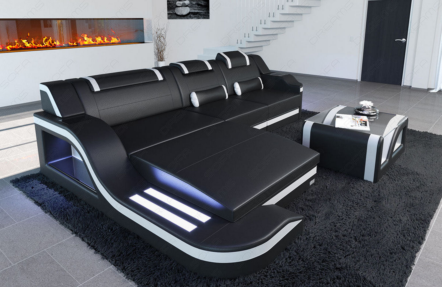 Mini Design Ledersofa Palermo L-Form mit LED Schwarz-Weiß
