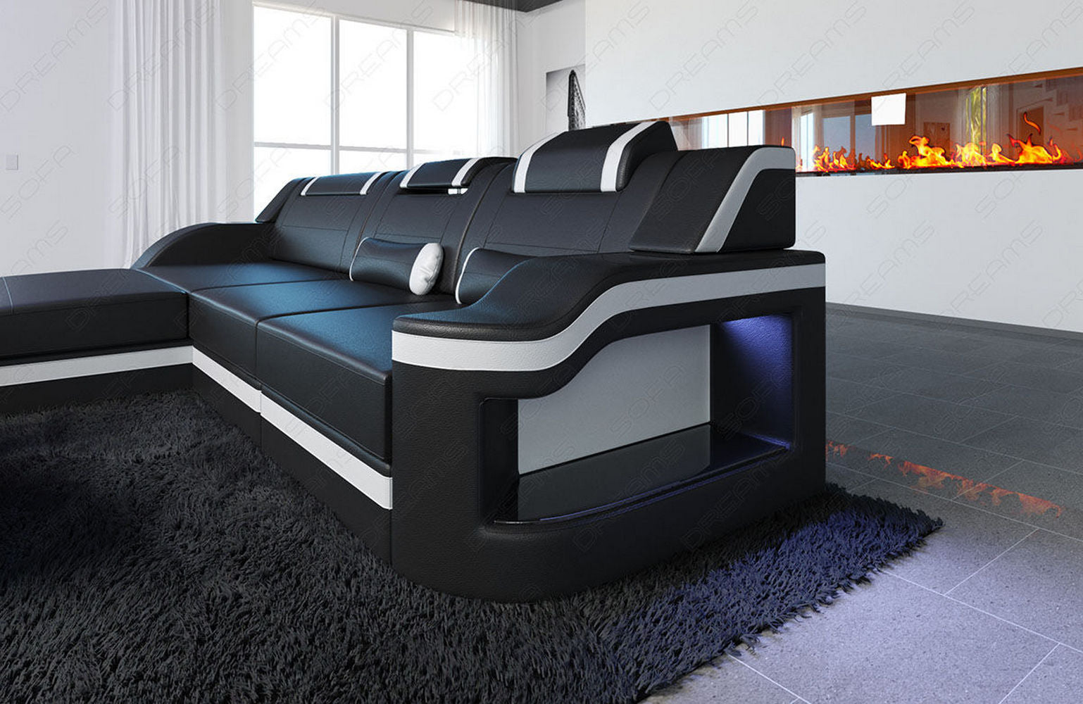 Mini Design Ledersofa Palermo L-Form mit LED Schwarz-Weiß