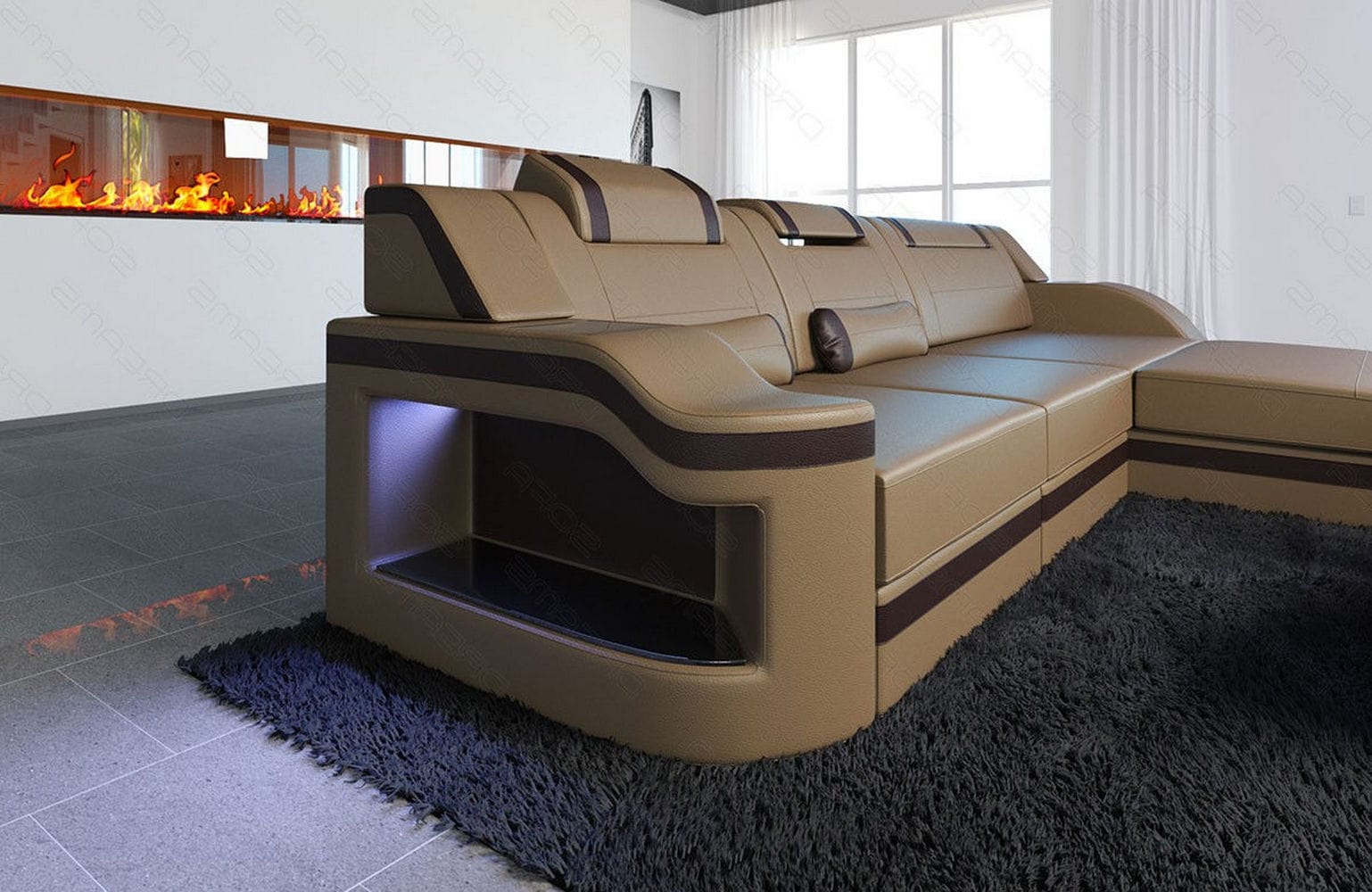 Design Ledersofa Palermo L-Form mit LED sandbeige-dunkelbraun