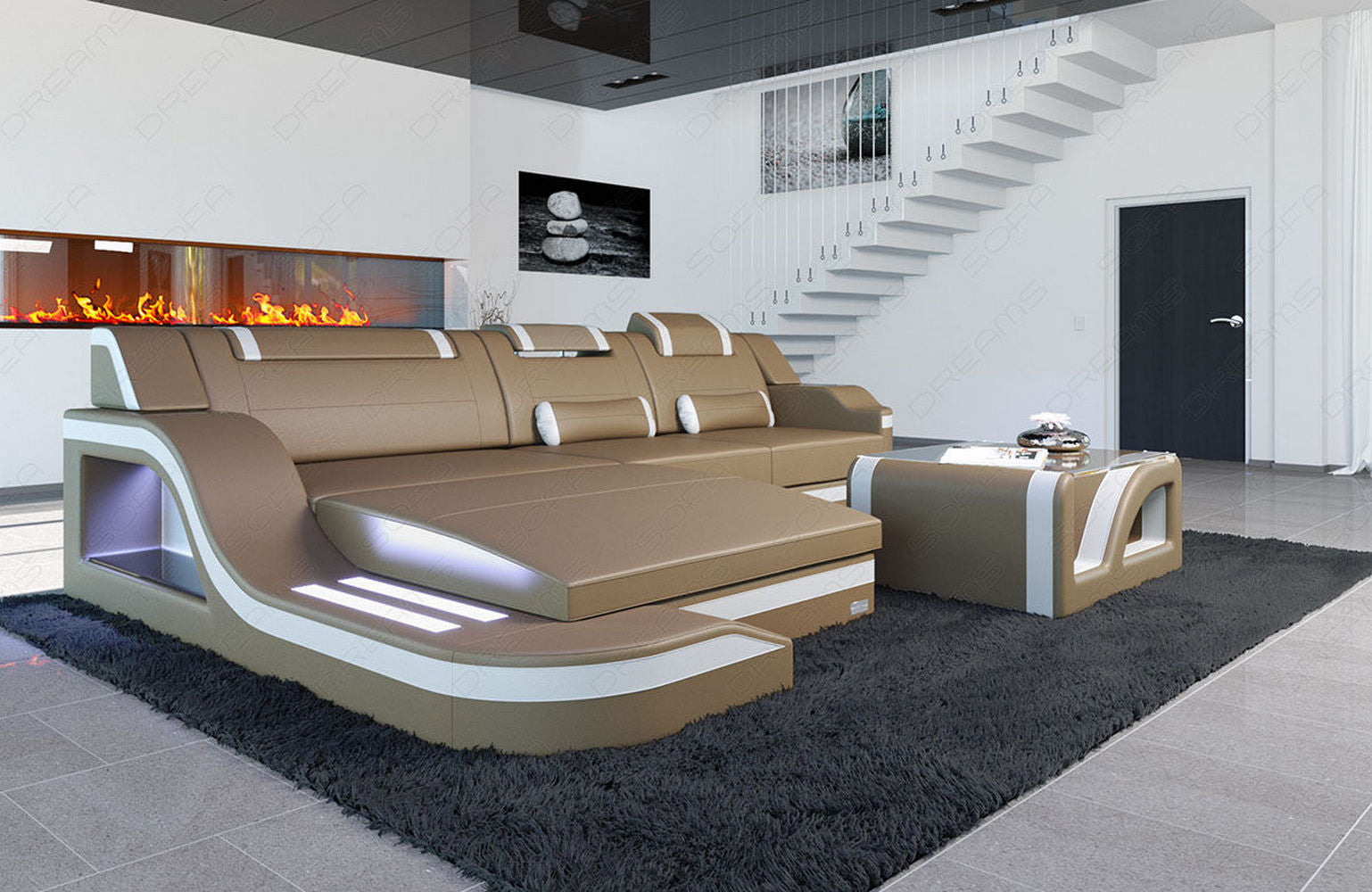 Design Ledersofa Palermo L-Form mit LED sandbeige-weiß