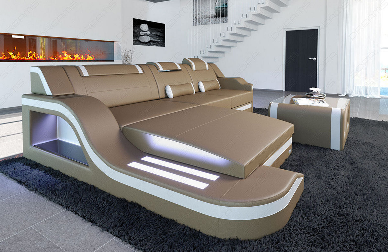 Design Ledersofa Palermo L-Form mit LED sandbeige-weiß