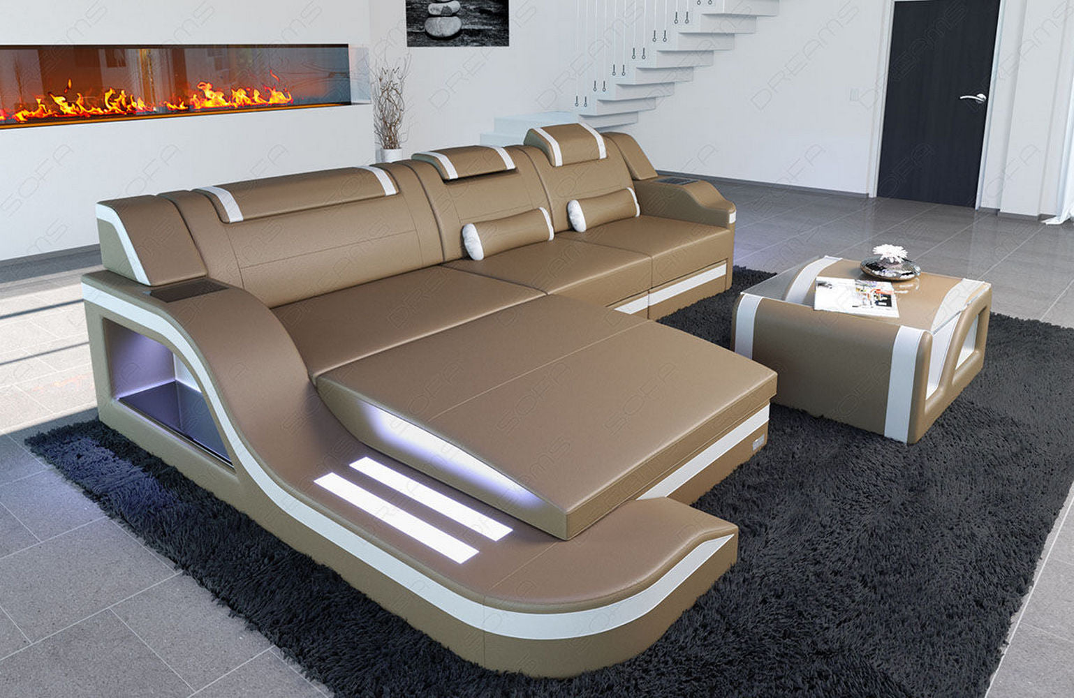 Design Ledersofa Palermo L-Form mit LED sandbeige-weiß