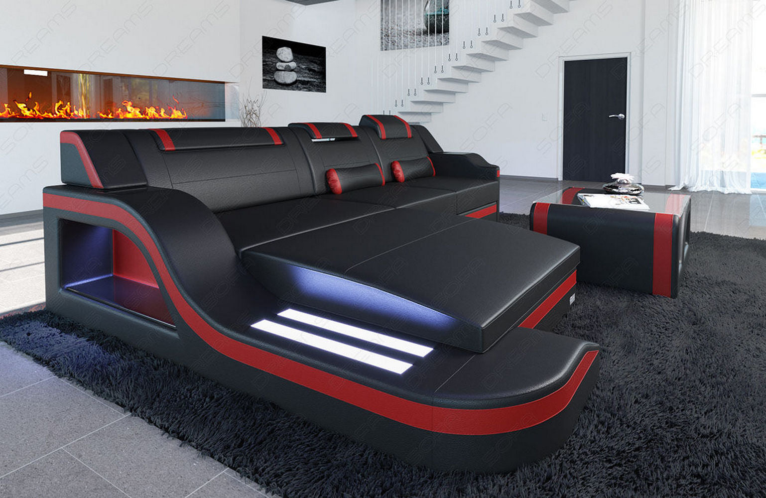 Design Ledersofa Palermo L-Form mit LED schwarz-rot