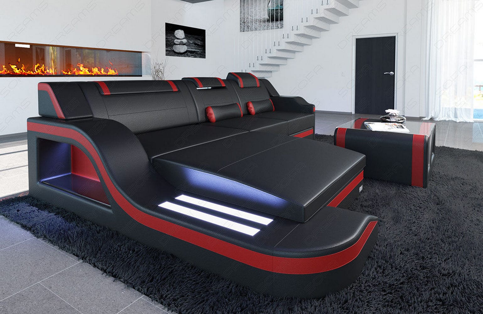 Ecksofa Palermo L-Form in Leder schwarz-rot