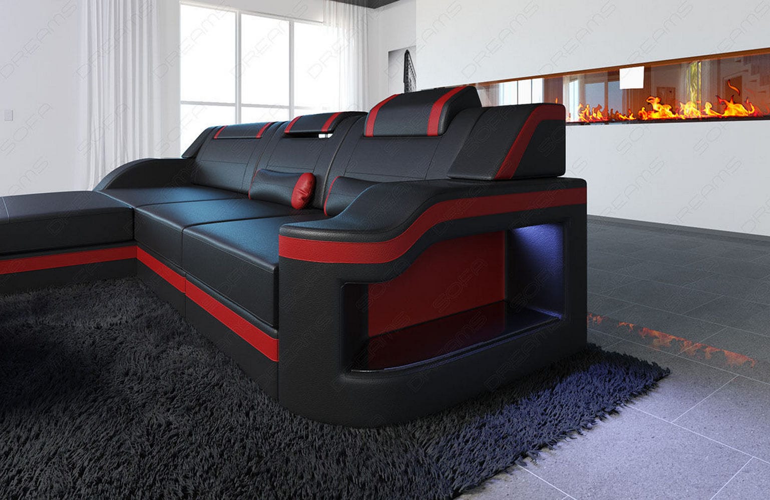 Ecksofa Palermo L-Form in Leder schwarz-rot