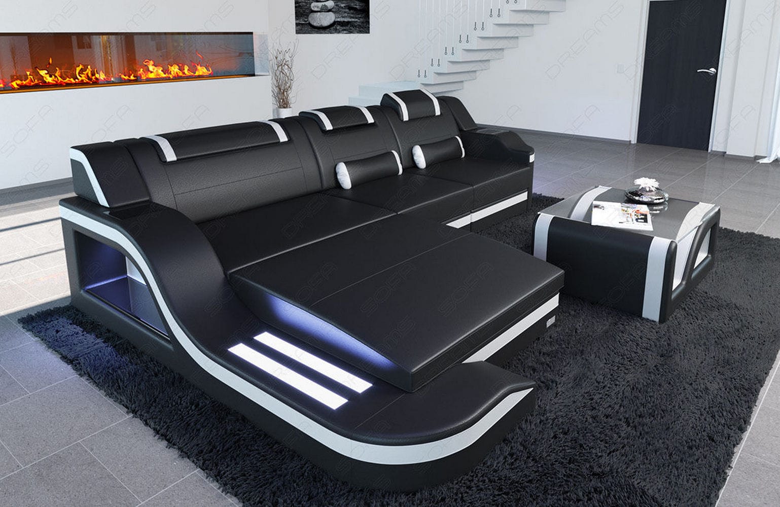 Design Ledersofa Palermo L-Form mit LED schwarz-weiß