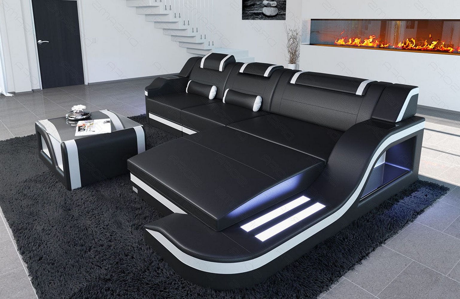 Design Ledersofa Palermo L-Form mit LED schwarz-weiß