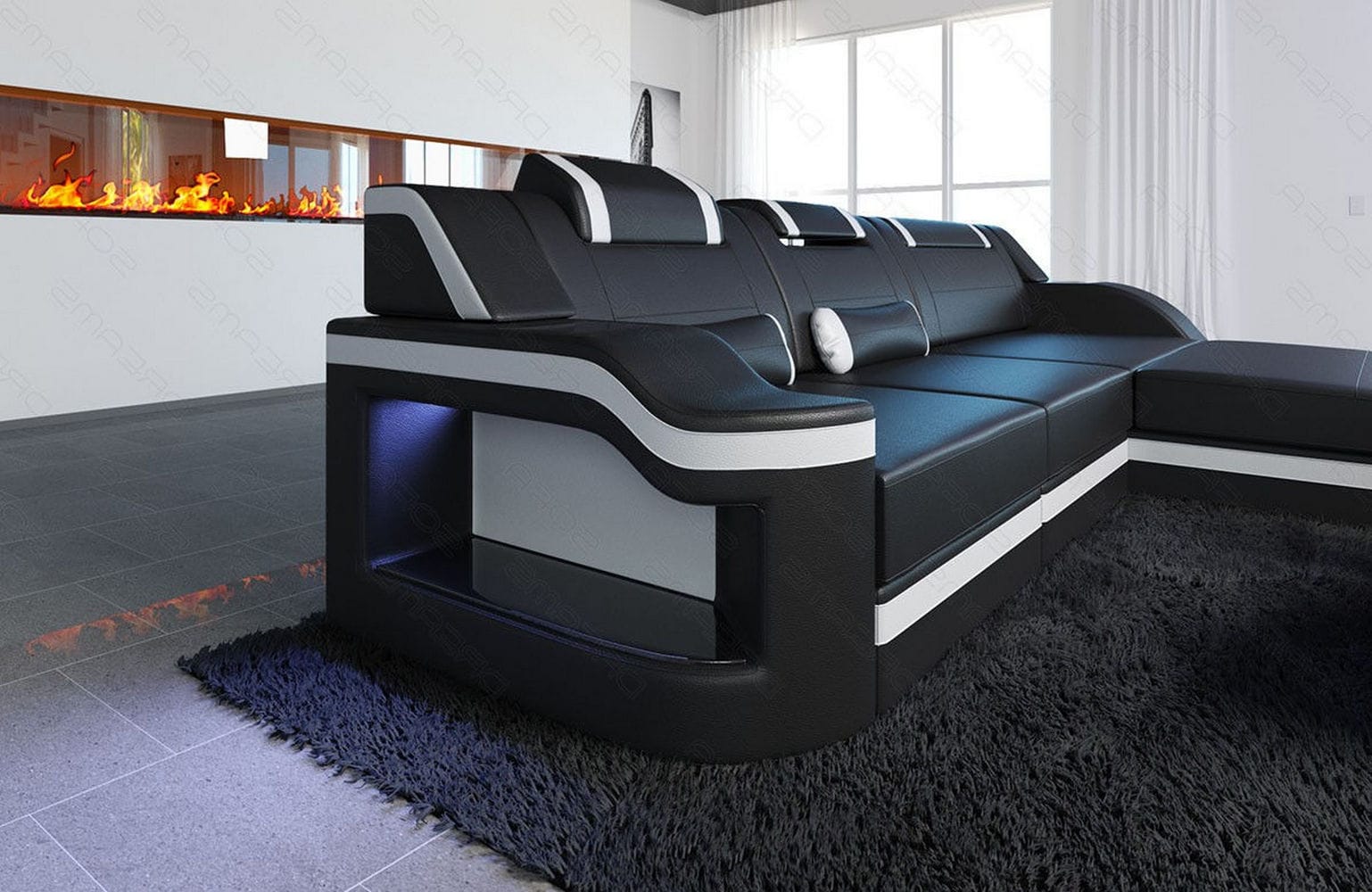 Design Ledersofa Palermo L-Form mit LED schwarz-weiß