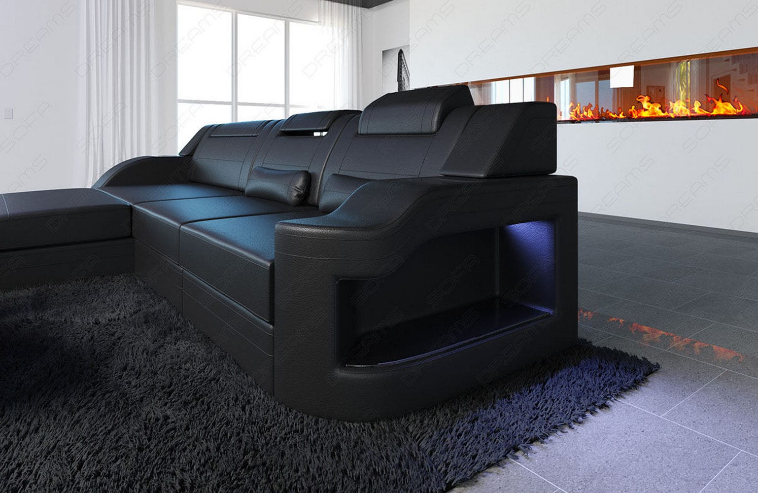 Design Ledersofa Palermo L-Form mit LED schwarz