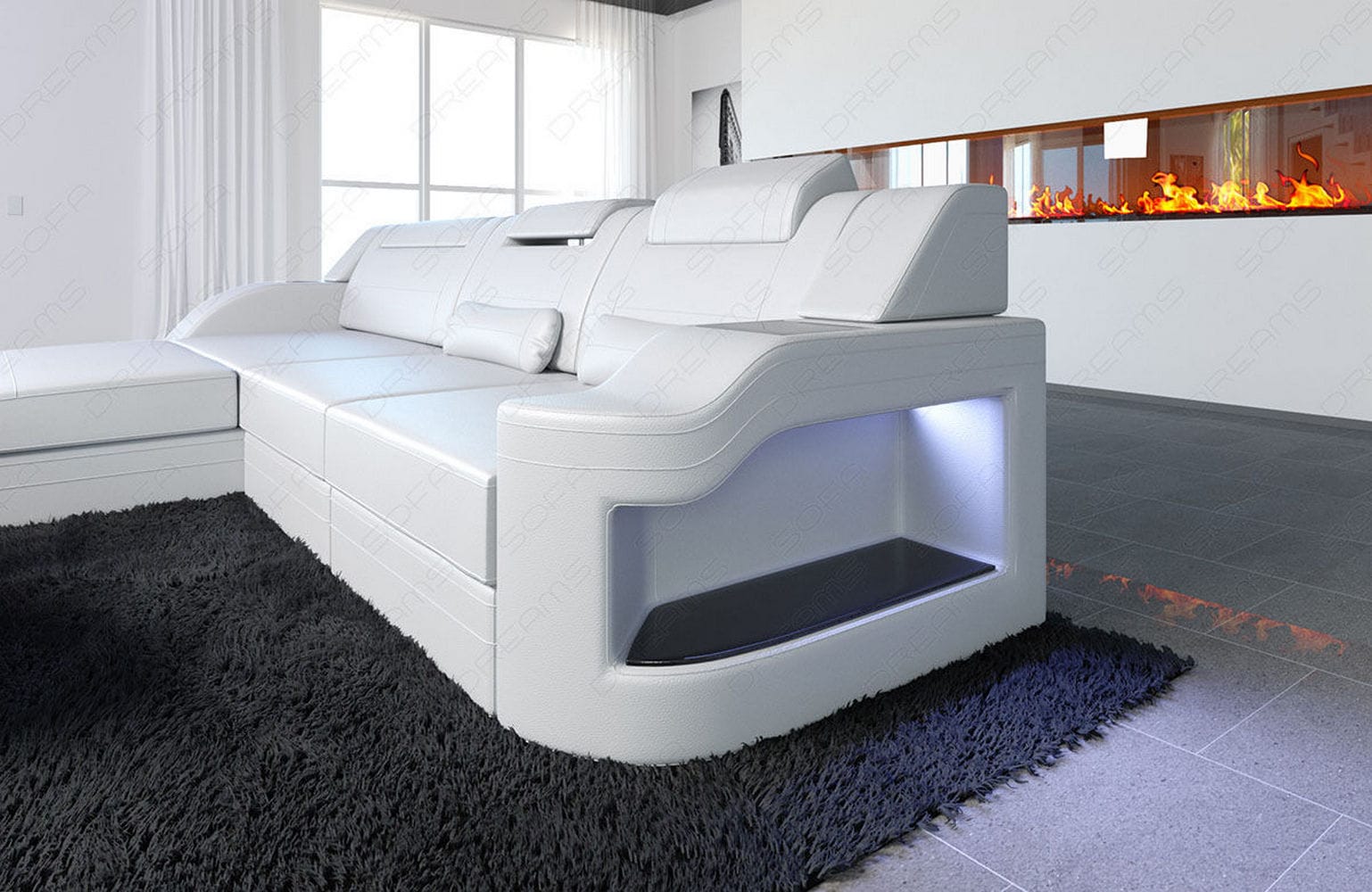 Design Ledersofa Palermo L-Form mit LED weiß