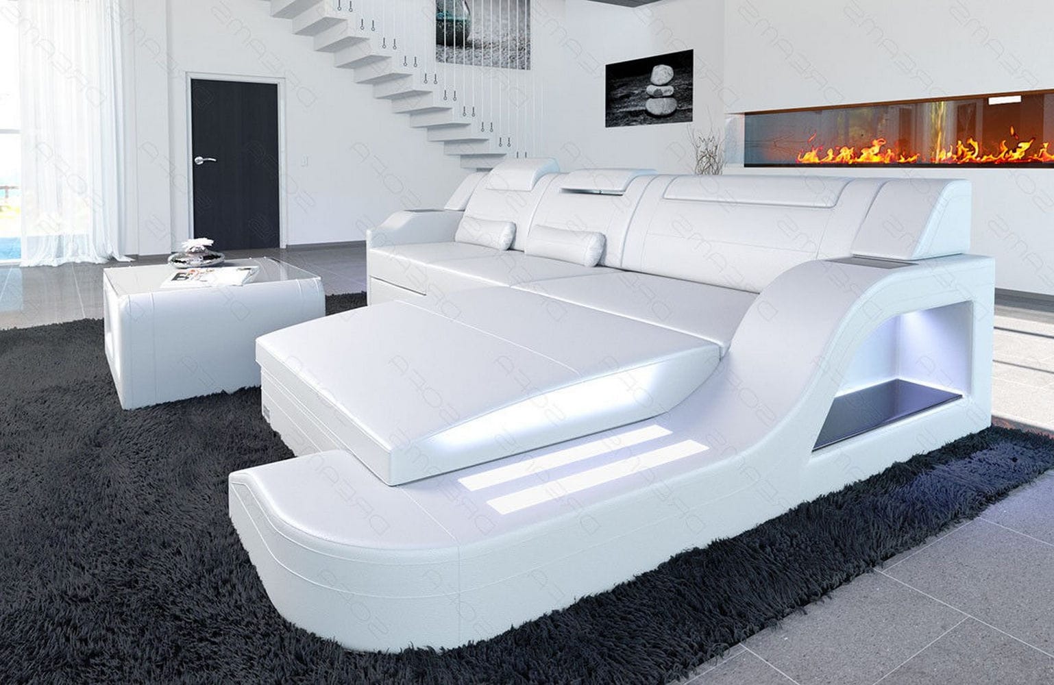 Design Ledersofa Palermo L-Form mit LED weiß