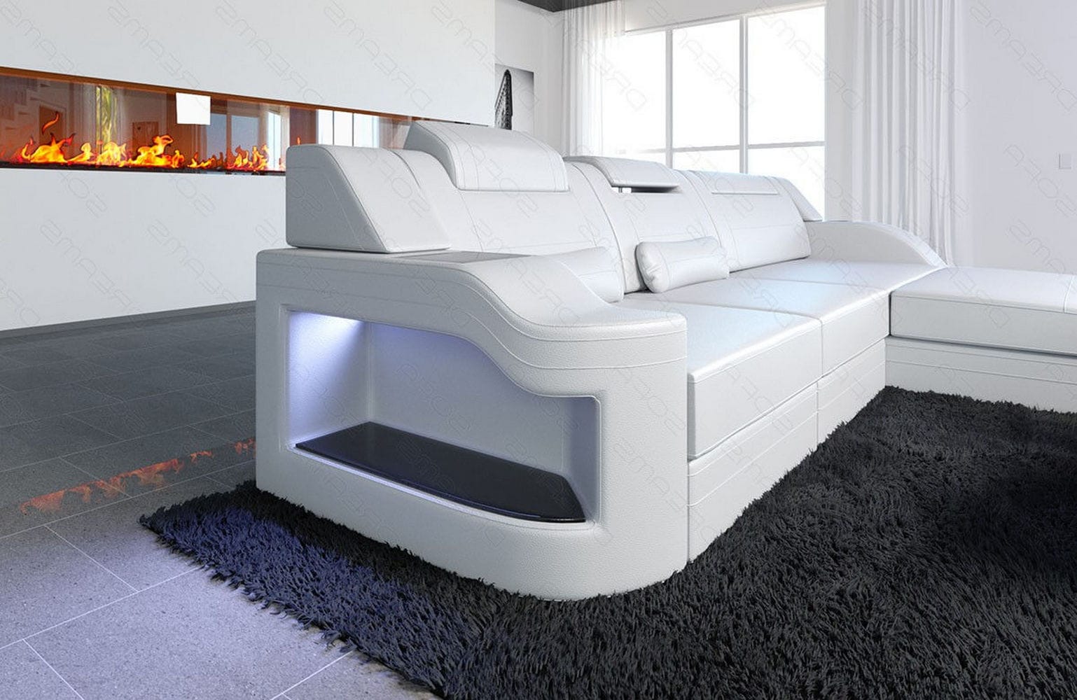 Design Ledersofa Palermo L-Form mit LED weiß