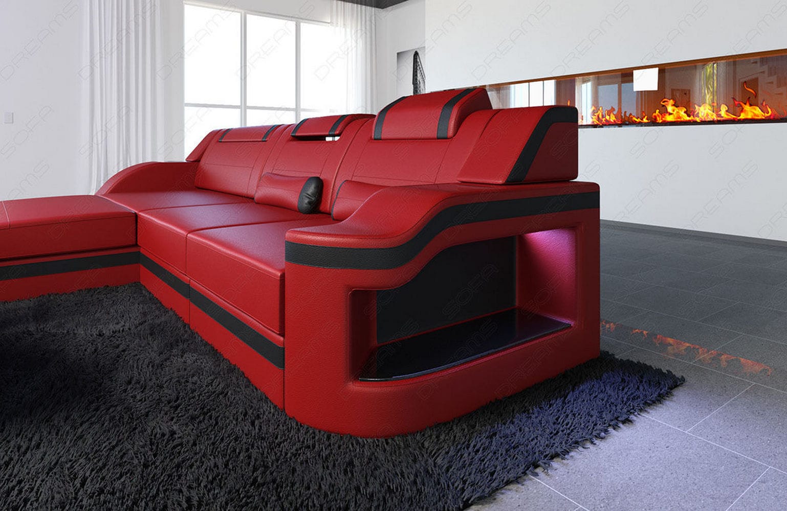 Design Ledersofa Palermo L-Form mit LED rot-schwarz