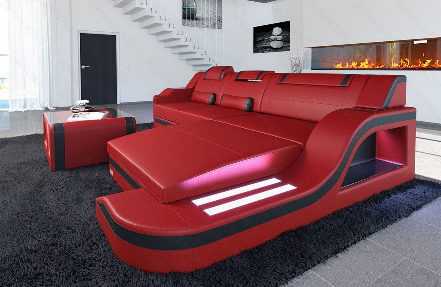 Design Ledersofa Palermo L-Form mit LED rot-schwarz