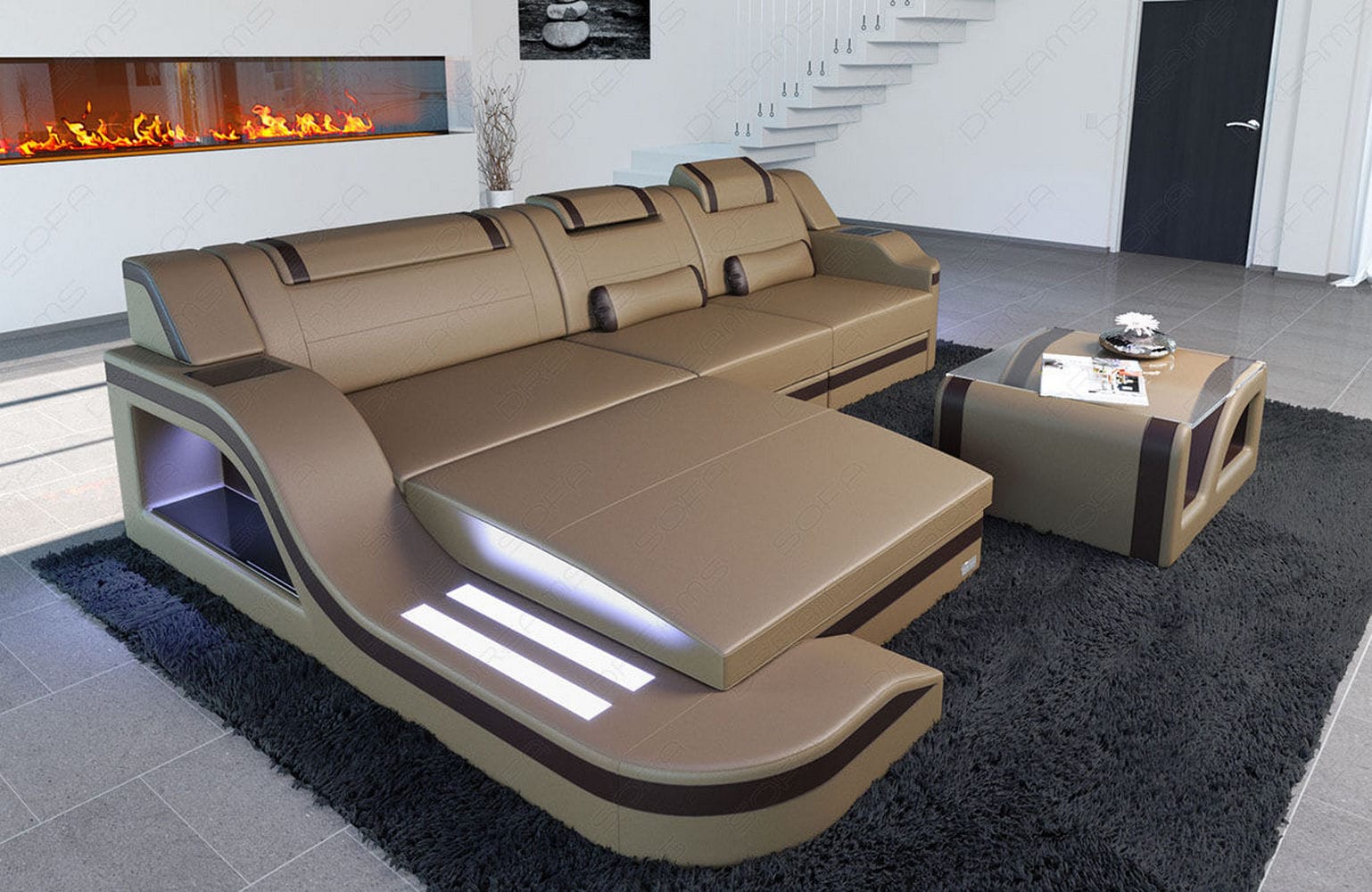 Design Ledersofa Palermo L-Form mit LED sandbeige-dunkelbraun