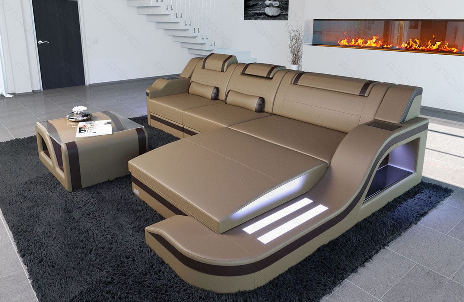 Design Ledersofa Palermo L-Form mit LED sandbeige-dunkelbraun