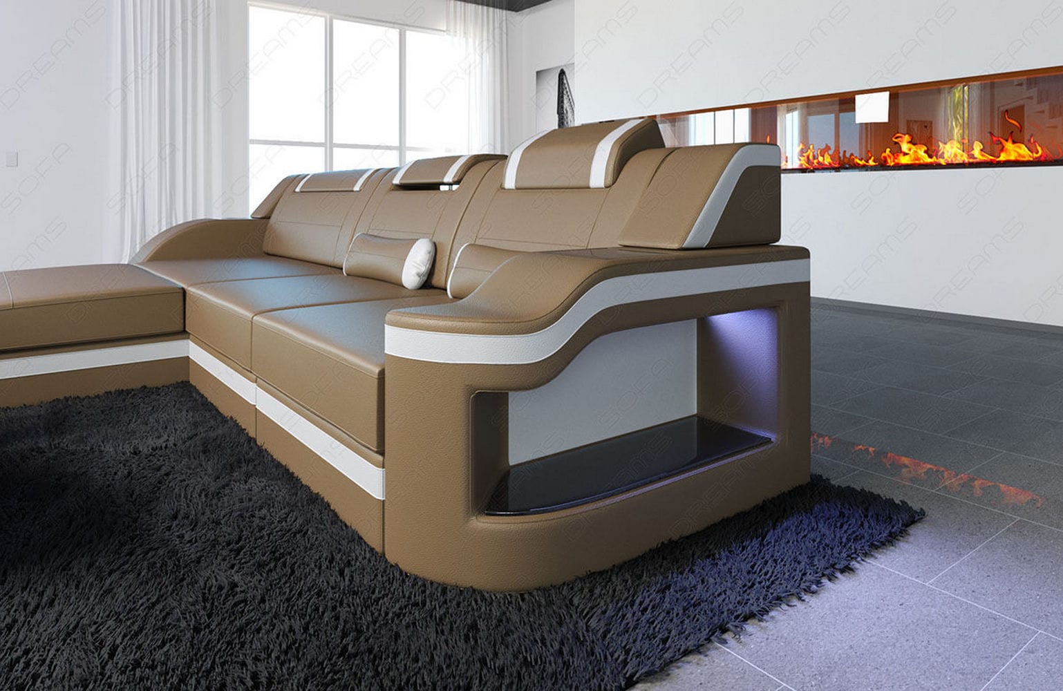 Design Ledersofa Palermo L-Form mit LED sandbeige-weiß