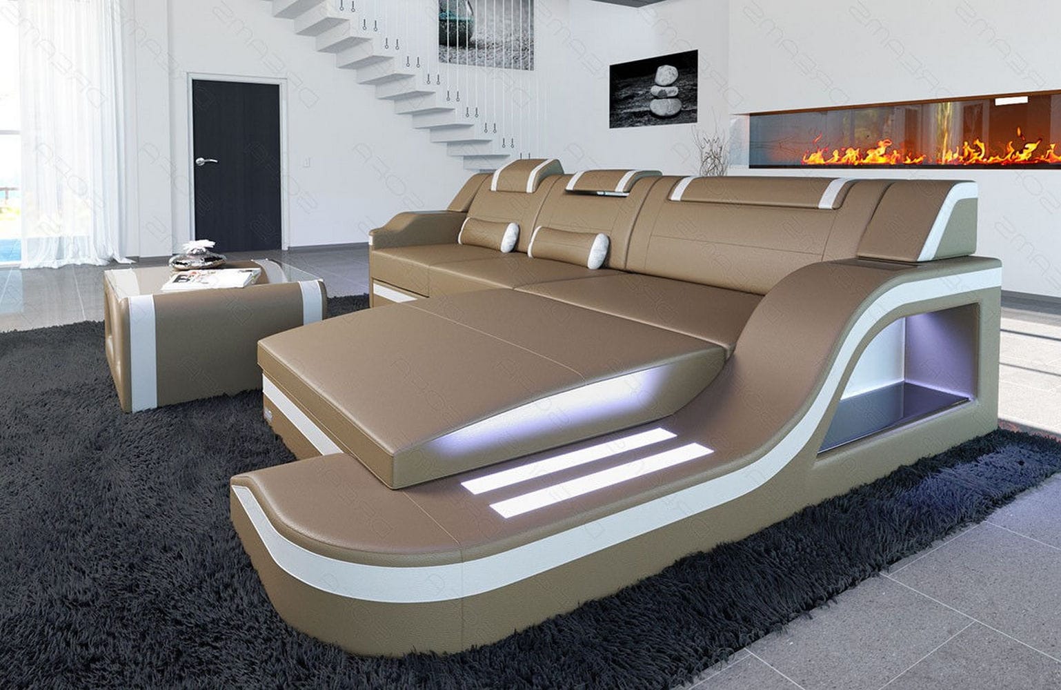 Design Ledersofa Palermo L-Form mit LED sandbeige-weiß
