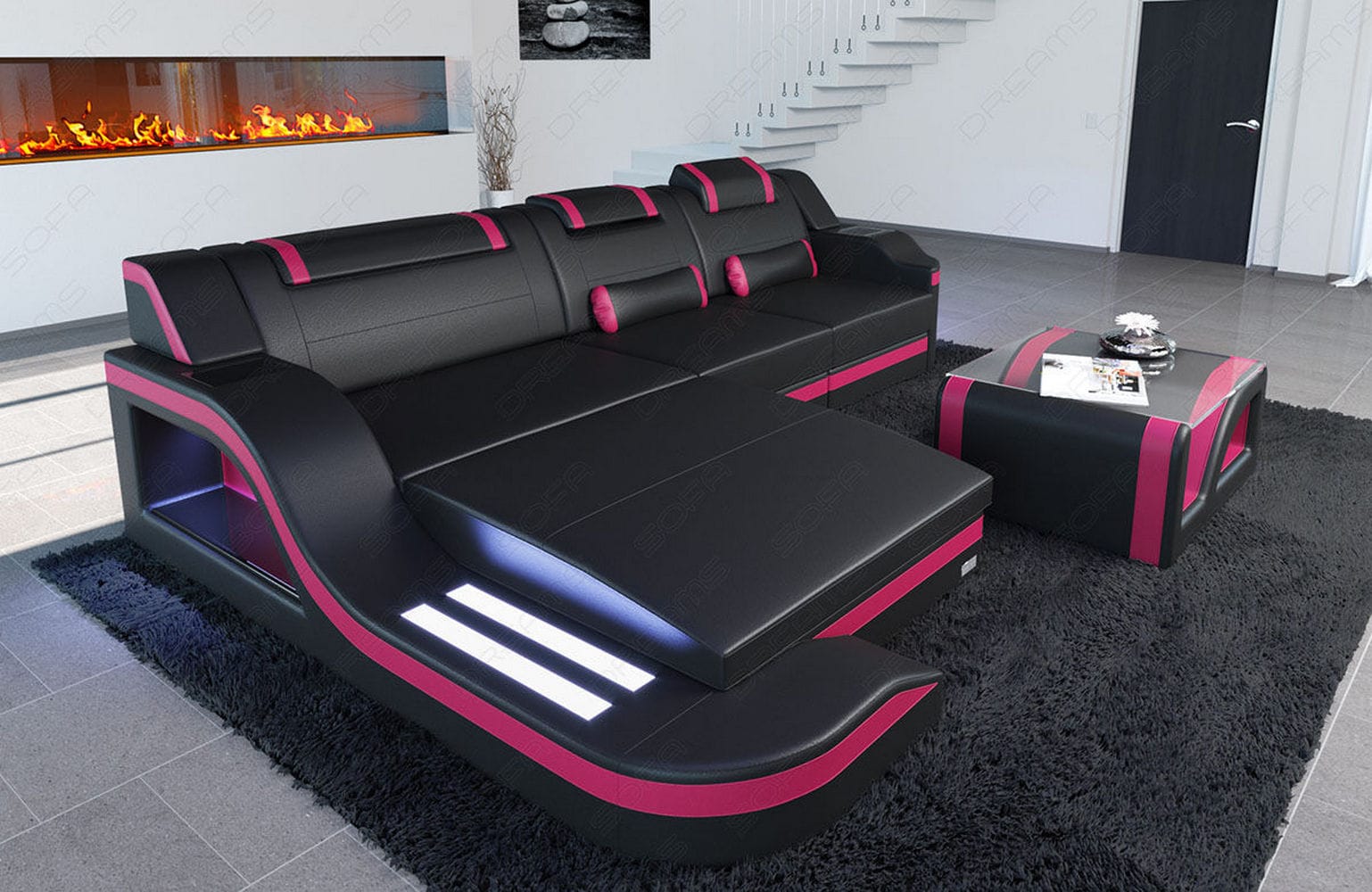 Design Ledersofa Palermo L-Form mit LED schwarz-pink