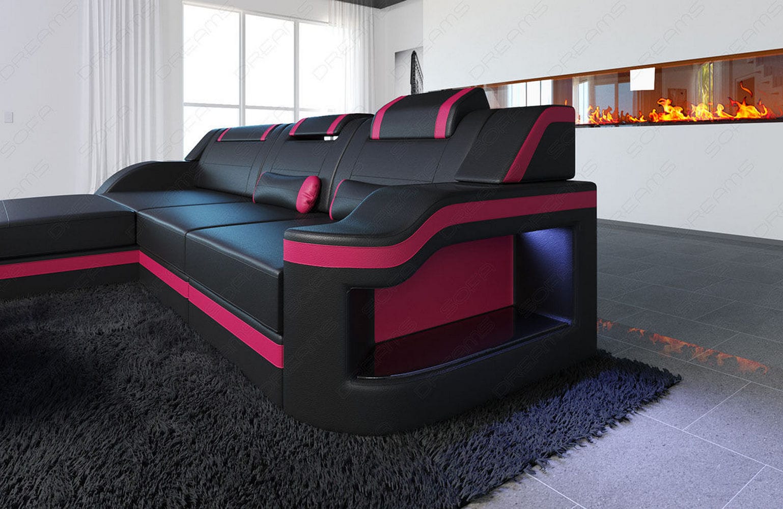 Design Ledersofa Palermo L-Form mit LED schwarz-pink