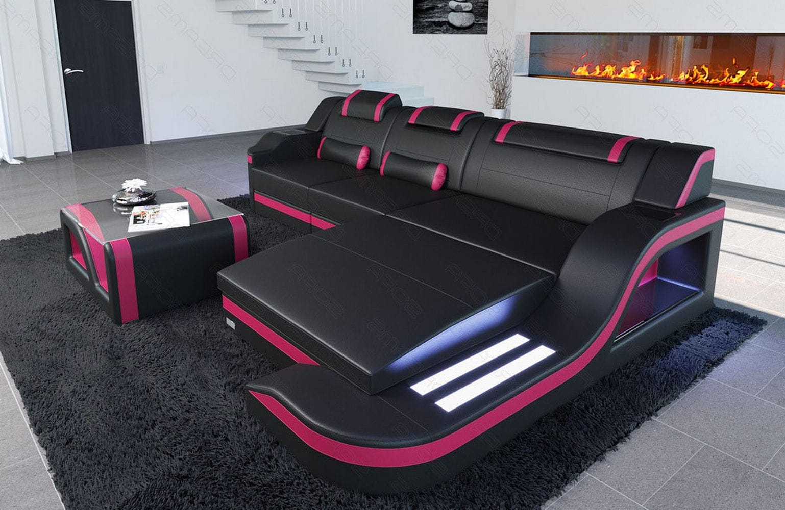Design Ledersofa Palermo L-Form mit LED schwarz-pink