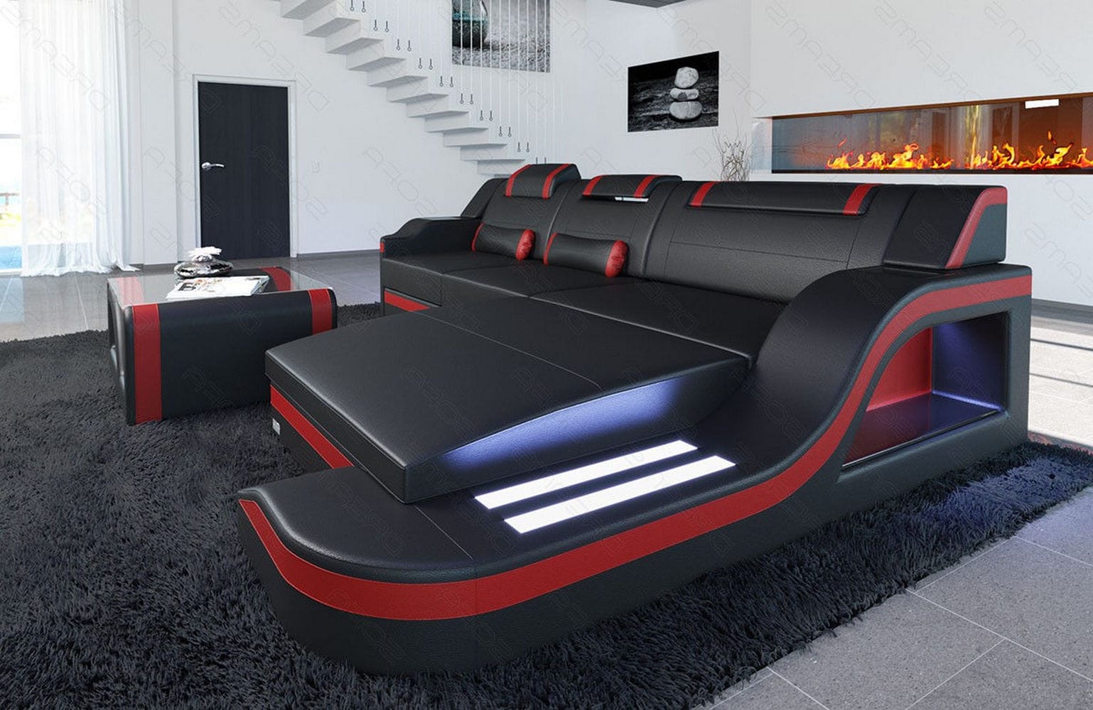 Design Ledersofa Palermo L-Form mit LED schwarz-rot