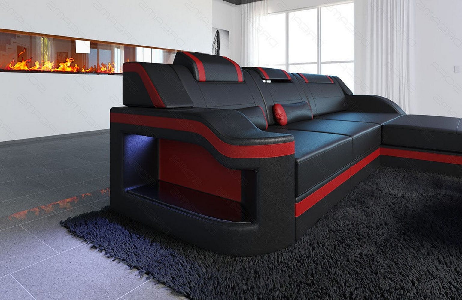 Design Ledersofa Palermo L-Form mit LED schwarz-rot