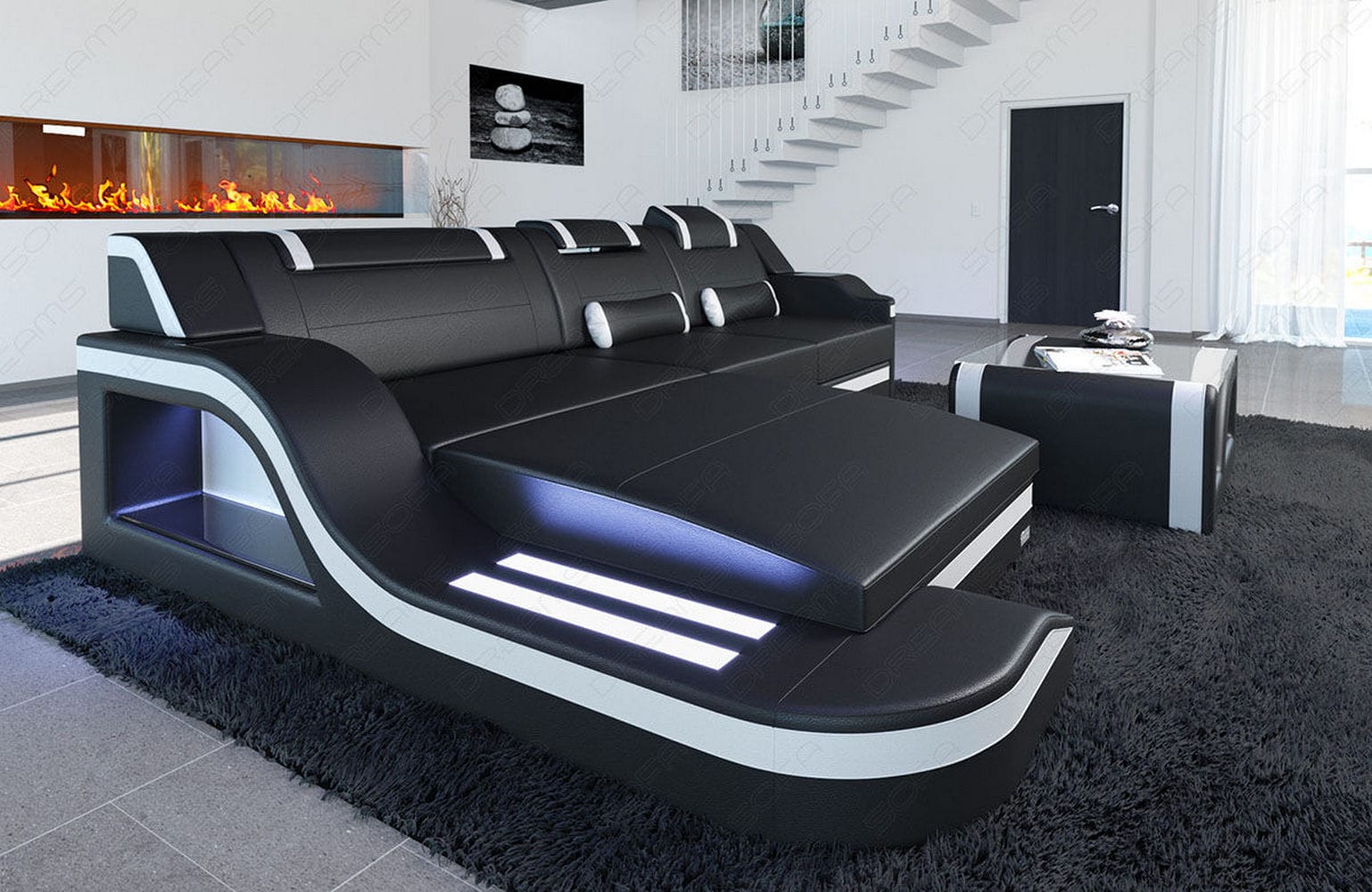 Design Ledersofa Palermo L-Form mit LED schwarz-weiß
