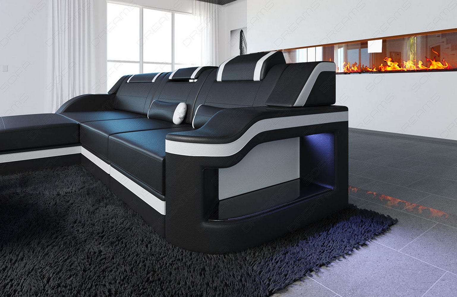 Design Ledersofa Palermo L-Form mit LED schwarz-weiß