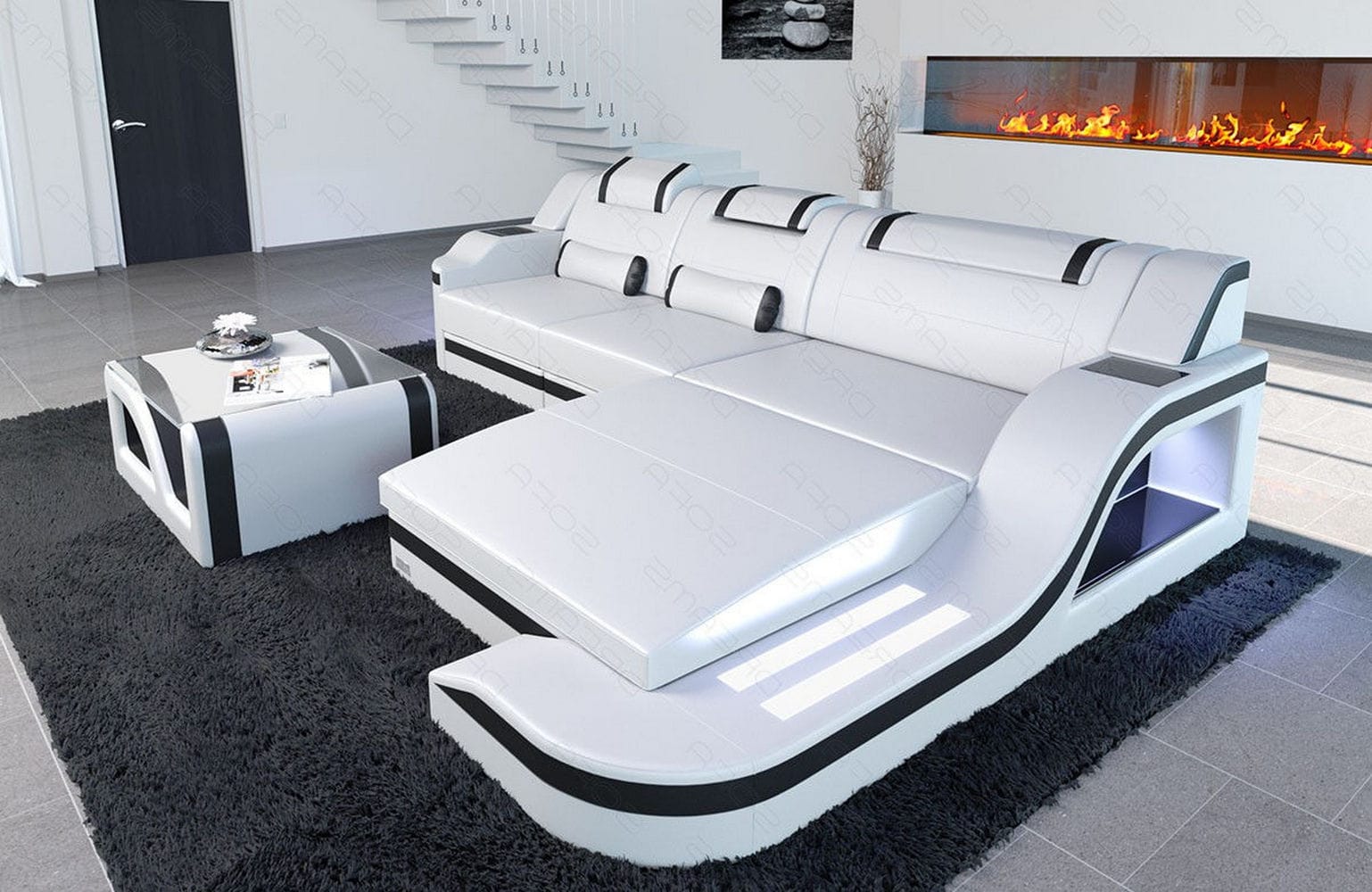 Design Ledersofa Palermo L-Form mit LED weiß-schwarz