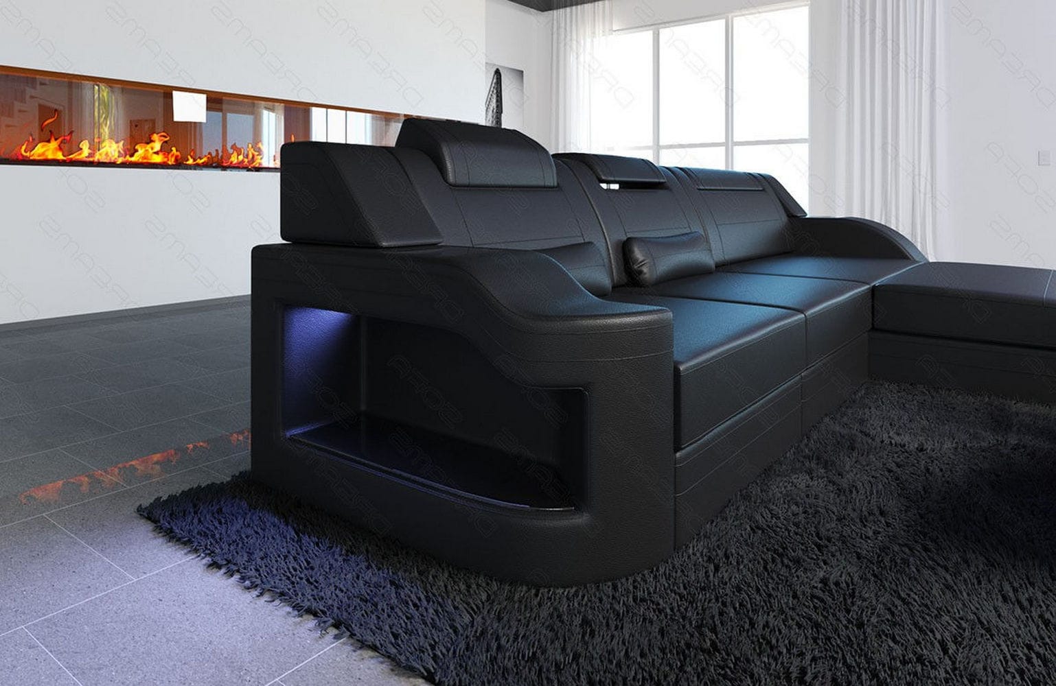 Design Ledersofa Palermo L-Form mit LED schwarz