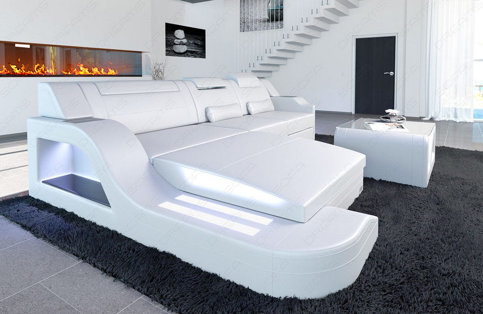 Design Ledersofa Palermo L-Form mit LED weiß