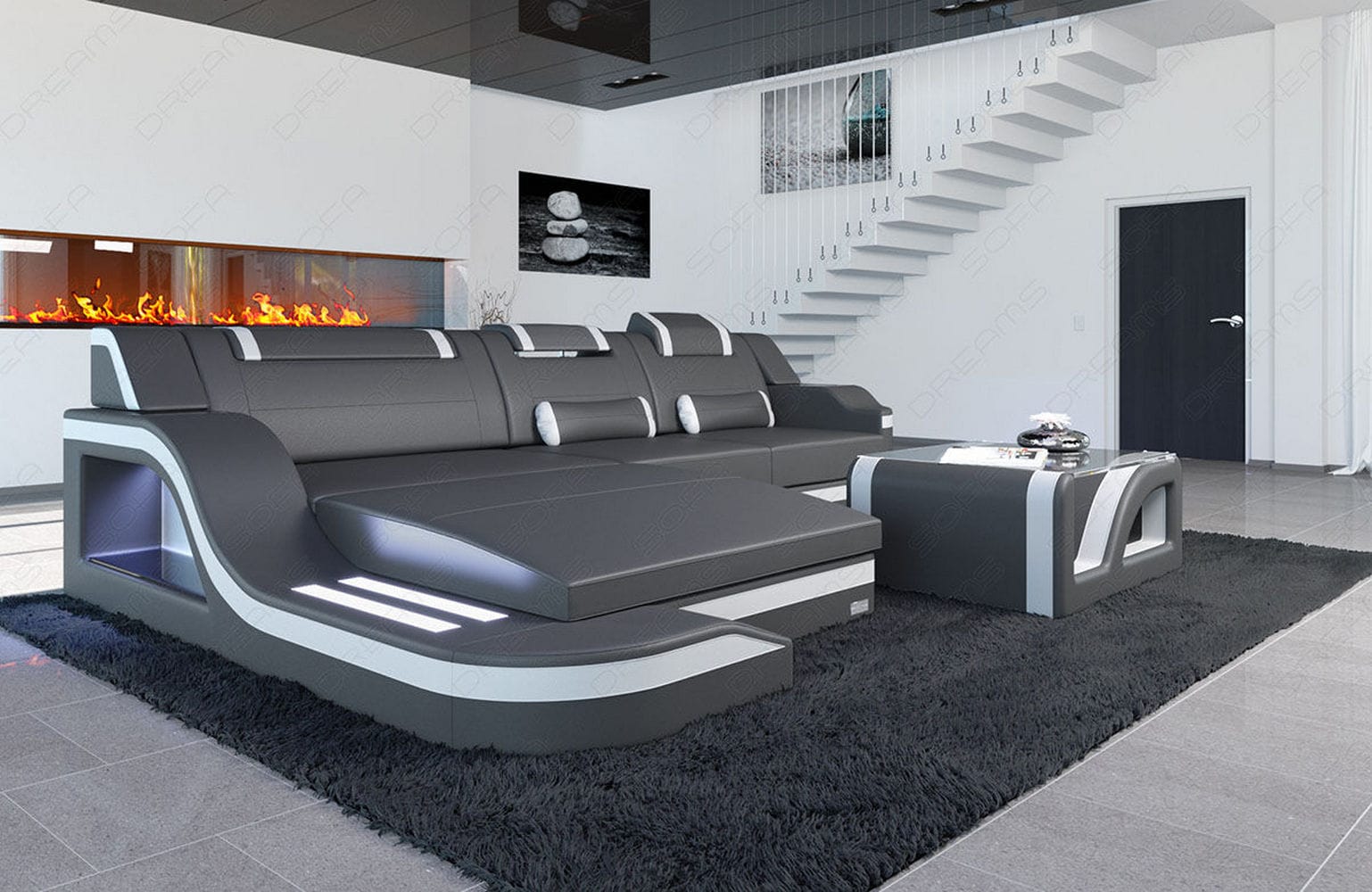 Design Ledersofa Palermo L-Form mit LED grau-weiß