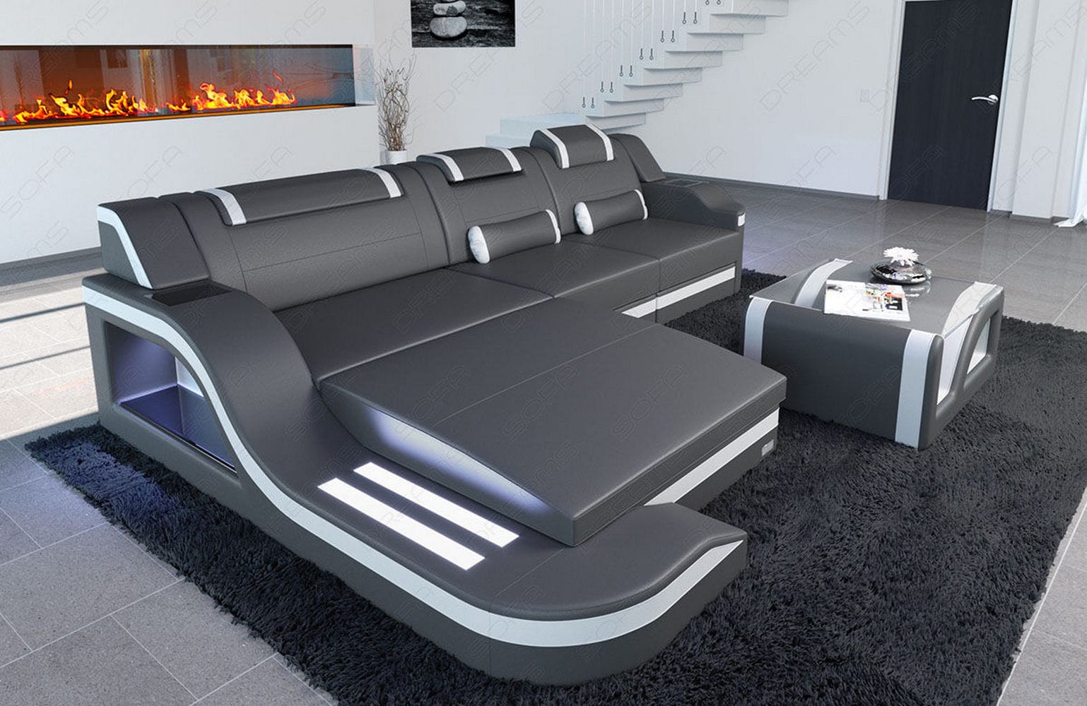 Design Ledersofa Palermo L-Form mit LED grau-weiß