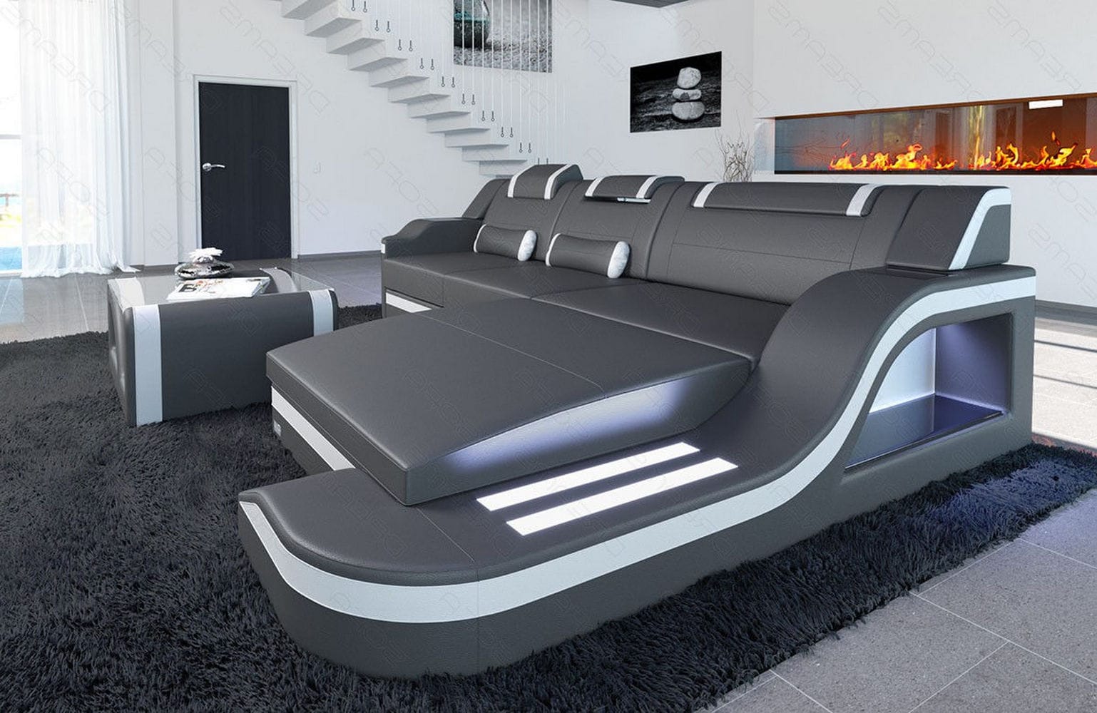 Design Ledersofa Palermo L-Form mit LED grau-weiß