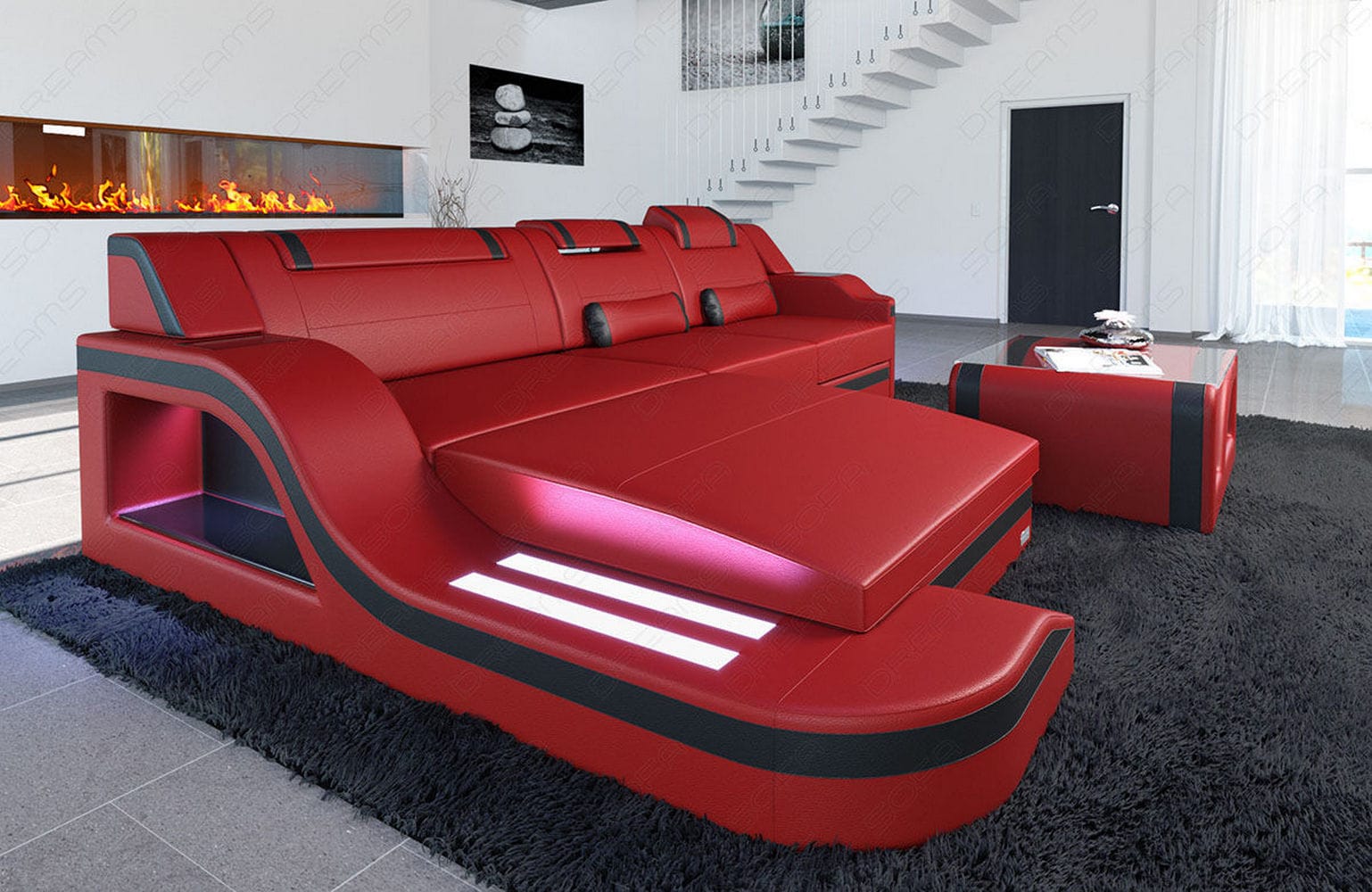 Design Ledersofa Palermo L-Form mit LED rot-schwarz